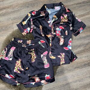 NASTY GAL Satin Cowgirl Boot Print PJ Set (Size Small)